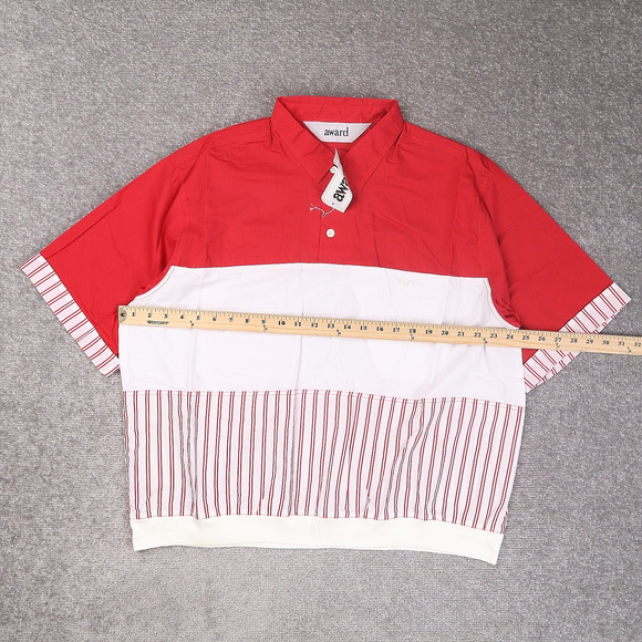 VTG 80s 90s Award Deadstock XL Red White Striped Short Sleeve Collared Shirt - Picture 3 of 10